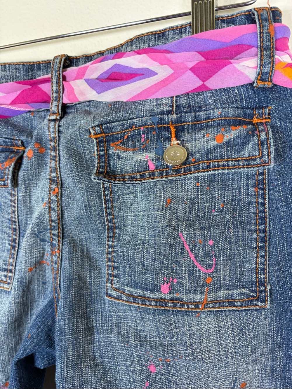 Crest Jeans Y2K Paint Splatter Flare Jeans Scarf Belt Size 11/12 - Picture 10 of 11